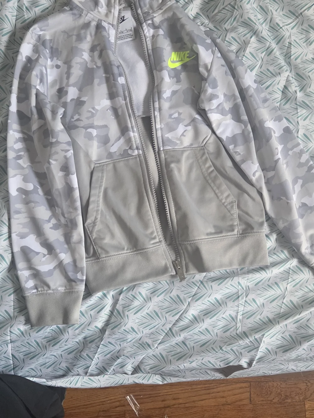 Nike Women's Gray Camo Bomber Jacket with Neon Yellow Logo